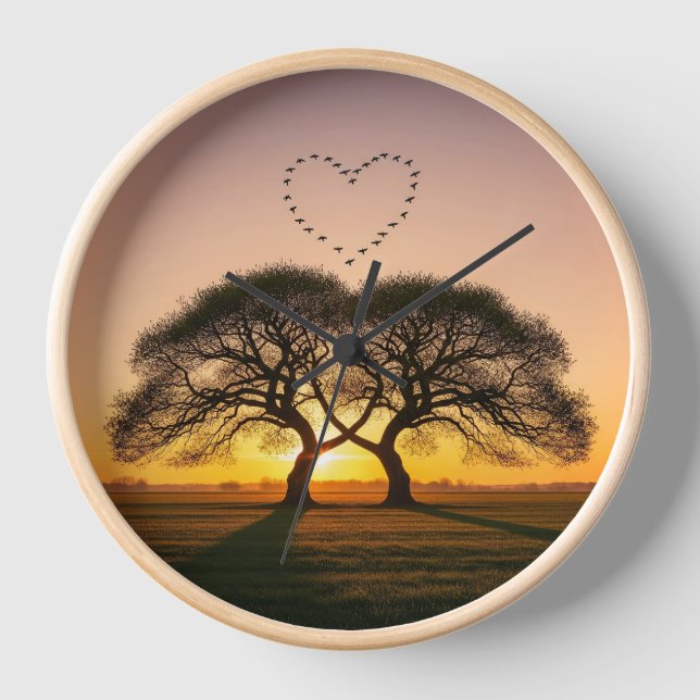 Heart-Shaped Bird Flock at Sunset – Romantic Clock (Front)