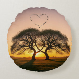 Heart-Shaped Bird Flock at Sunset – Romantic Round Cushion