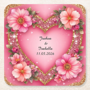 Heart-Shaped Floral Arrangement Square Paper Coaster