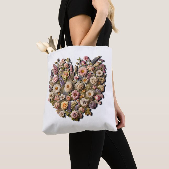 Heart-Shaped Floral Botanical Tote Bag (Close Up)
