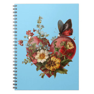 Heart-shaped floral butterfly illustration BLUE BK Notebook