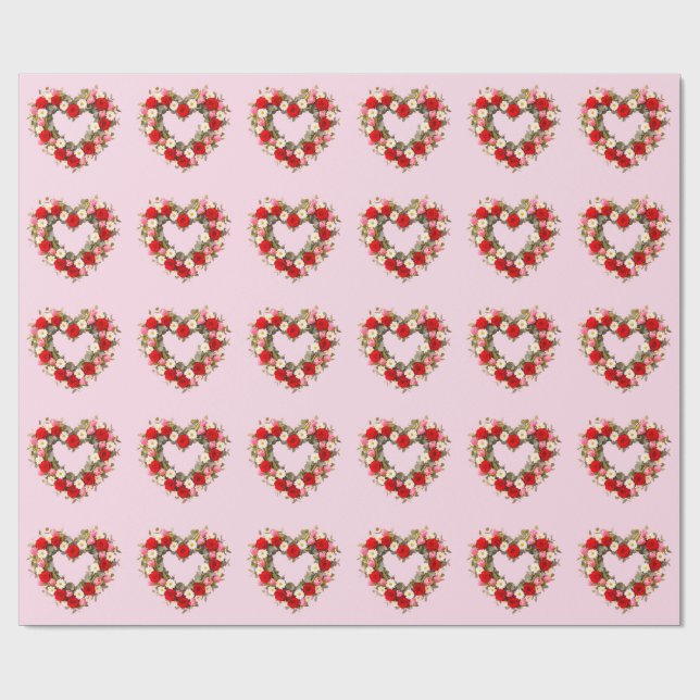 Heart Shaped Floral Wreath Roses Daisies Tulips Wrapping Paper (Flat)