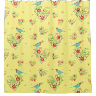 Heart Shaped Flower Fern Leaf Daisy Patterned Bird Shower Curtain