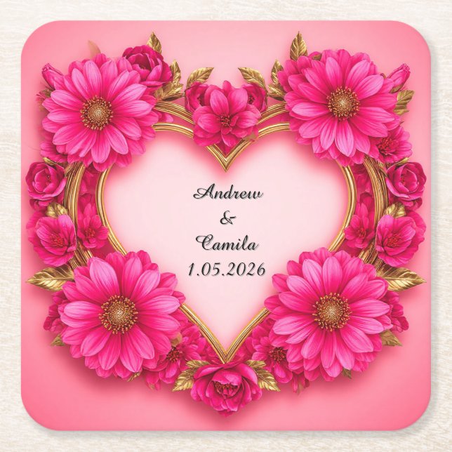 Heart-Shaped Flower Frame with Pink Blossoms Square Paper Coaster (Front)