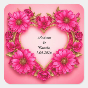 Heart-Shaped Flower Frame with Pink Blossoms Square Sticker