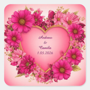 Heart-Shaped Flower Frame with Pink Blossoms Square Sticker