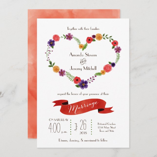 Heart-Shaped Flower Wreath Rustic Wedding Invitation (Front/Back)