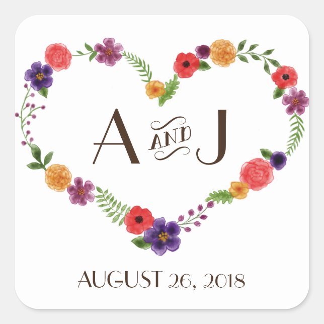 Heart-Shaped Flower Wreath Rustic Wedding Square Sticker (Front)