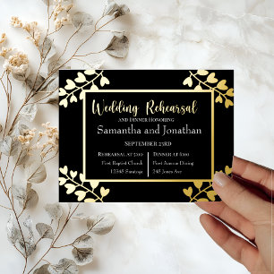 Heart Shaped Flowers on Black Gold Foil rehearsal  Foil Invitation Postcard