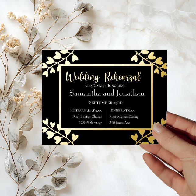 Heart Shaped Flowers on Black Gold Foil rehearsal  Foil Invitation Postcard (Creator Uploaded)