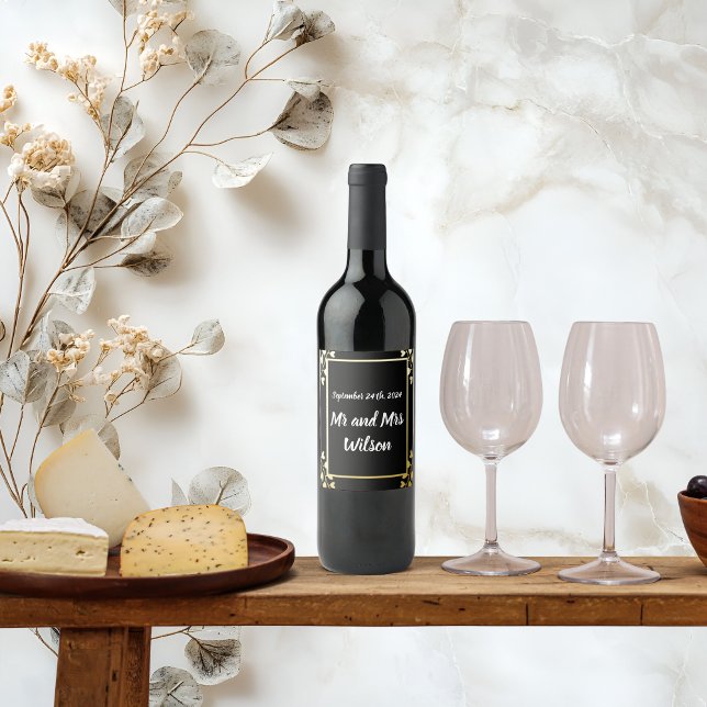 Heart Shaped Flowers on Black Gold Foil wedding  Wine Label (Creator Uploaded)