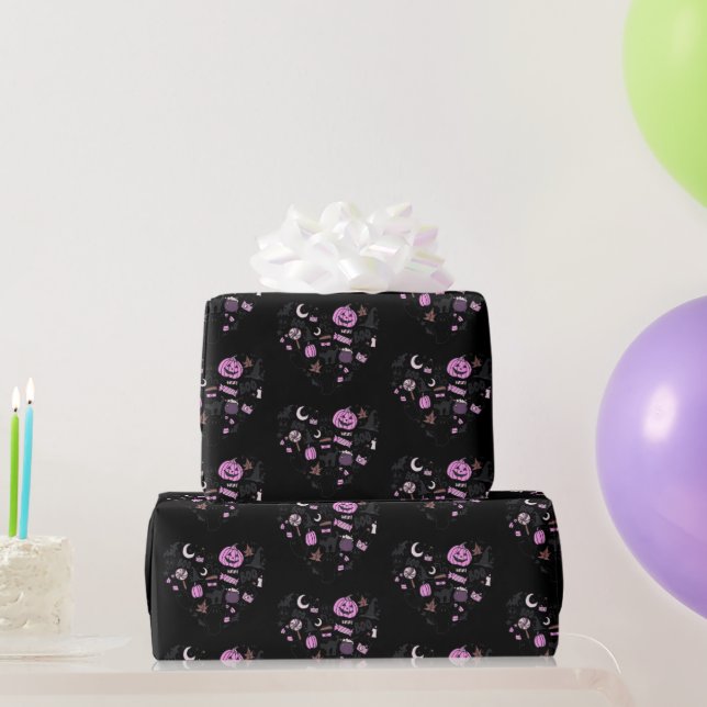 Heart Shaped Halloween Pattern Black Halloween Wrapping Paper (Party Gifts)