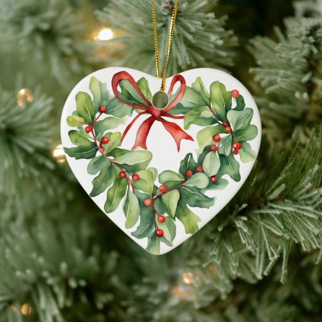 Heart-Shaped Holly Wreath For Teacher Ceramic Ornament (Tree)