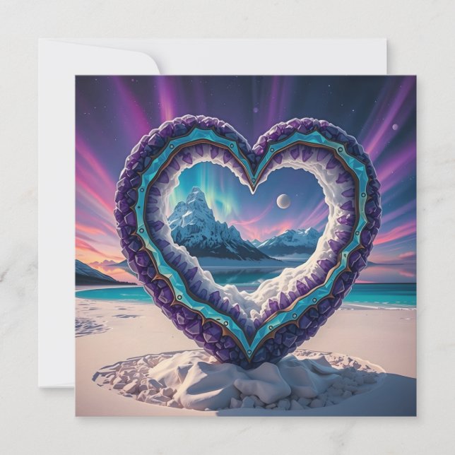 Heart-Shaped Ice Sculpture with Aurora Holiday Card (Front)