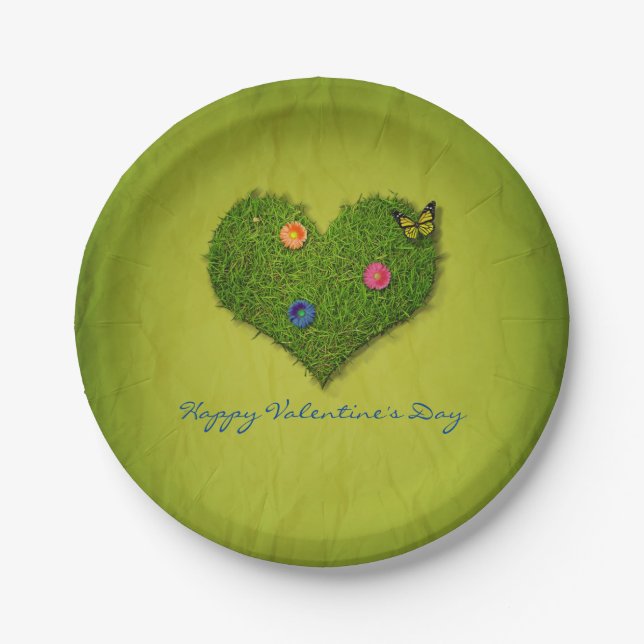Heart-Shaped Lawn Flowers Butterfly Paper Plate (Front)