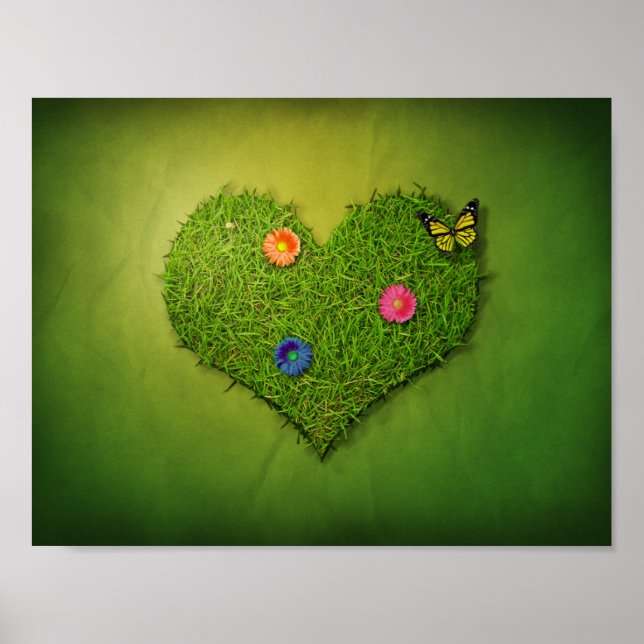 Heart-Shaped Lawn Flowers Butterfly Poster (Front)