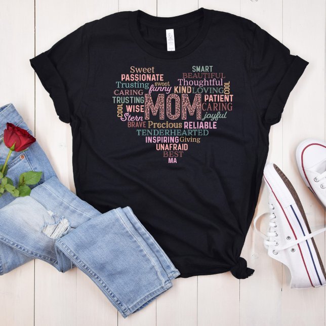 Heart Shaped Lettering Mum's Affirmations T-Shirt (Heart Shaped Lettering Mom's Affirmations T-Shirt surrounded with a jeans a red rose and shoes.)