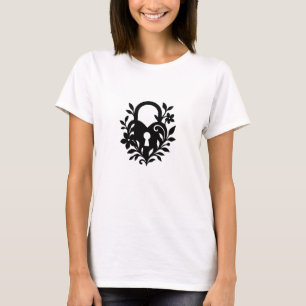 Heart-Shaped Lock Silhouette with Floral Accents T-Shirt