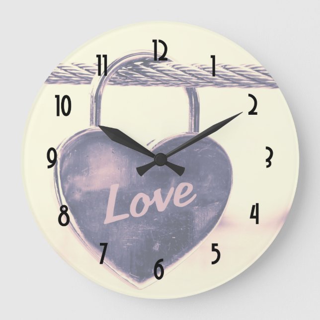 Heart Shaped Love Padlock Attached to a Rope Large Clock (Front)