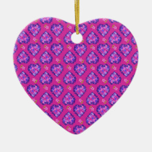 Heart-shaped Ornament, Magenta Hearts and Flowers Ceramic Ornament