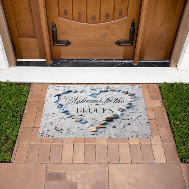 Heart-shaped Pebbles on Beach Personalised Welcome Doormat (Outdoor)