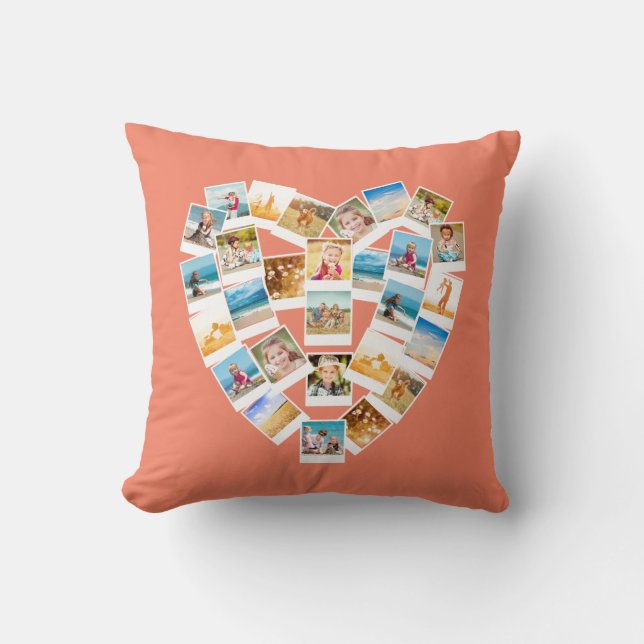 Heart Shaped Photo Collage Family Photos Coral Cushion (Front)