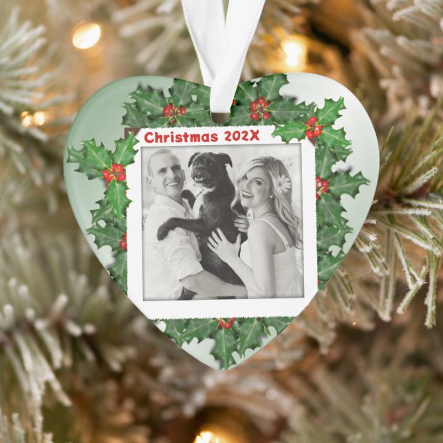 Heart Shaped Photo First Christmas Holly Leaves Ornament (Tree)