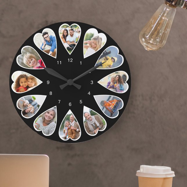 Heart Shaped Photos Black and White Round Large Clock (Photo clock with 12 heart shaped photos. Unusual design for your home and a thoughtful photo gift.)