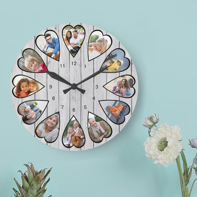 Heart Shaped Photos Light Gray Wood Large Clock (Photo clock with 12 heart shaped photos. Unusual design for your home and a thoughtful photo gift.)