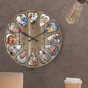 Heart Shaped Photos Modern Brown Wood Large Clock