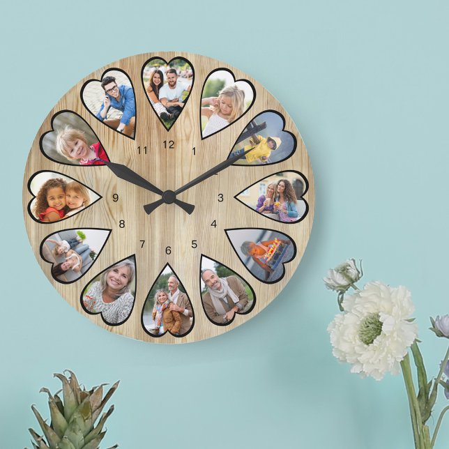 Heart Shaped Photos Pine Effect Round Large Clock (Photo clock with 12 heart shaped photos. Unusual design for your home and a thoughtful photo gift.)