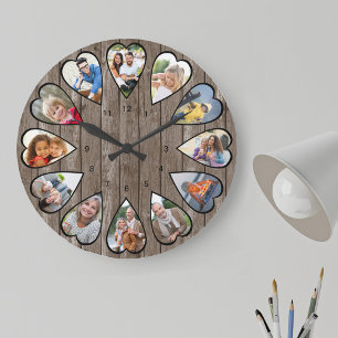 Heart Shaped Photos Rustic Dark Wood Large Clock