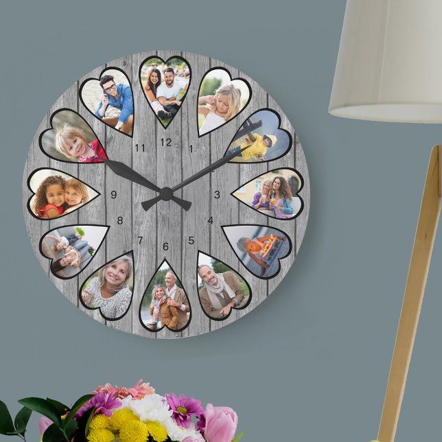Heart Shaped Photos Rustic Gray Wood Large Clock (Photo clock with 12 heart shaped photos. Unusual design for your home and a thoughtful photo gift.)