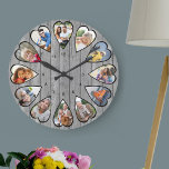 Heart Shaped Photos Rustic Grey Wood Large Clock<br><div class="desc">Create your own multi photo clock. The photo template is set up for you to add 12 photos which are displayed in a heart shaped frame. The design uses portrait vertical photos for all numbers except 3 and 9 which are in landscape horizontal format. The clock face has simple numbers...</div>