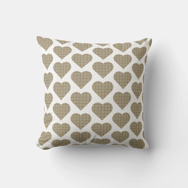 Heart Shaped Plaid Tan Blue White Cushion (Front)