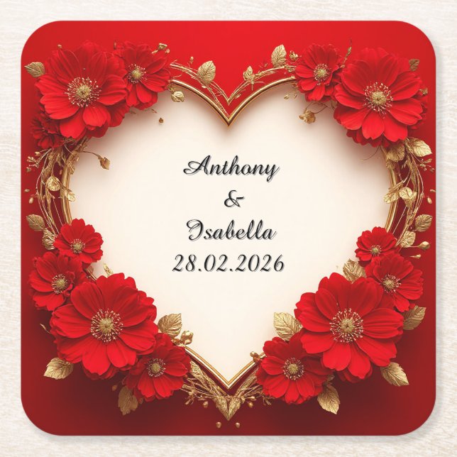 Heart-Shaped Red Floral Frame with Glitter Square Paper Coaster (Front)