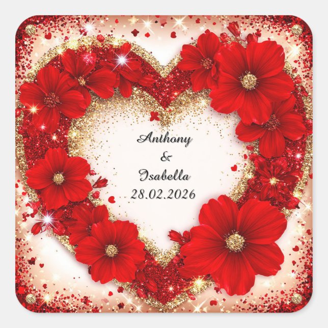 Heart-Shaped Red Floral Frame with Glitter Square Sticker (Front)