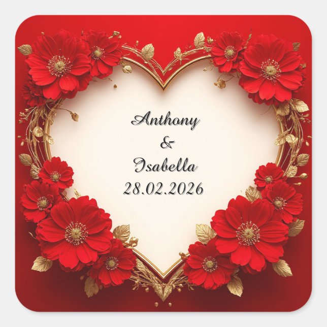 Heart-Shaped Red Floral Frame with Glitter Square Sticker (Front)
