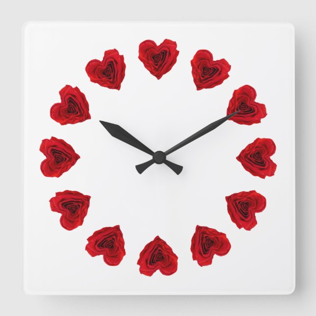 Heart-Shaped Red Rose Square Wall Clock (Front)