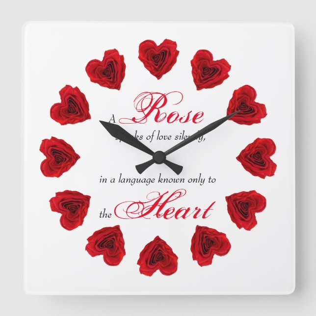 Heart-Shaped Red Rose Square Wall Clock (Front)