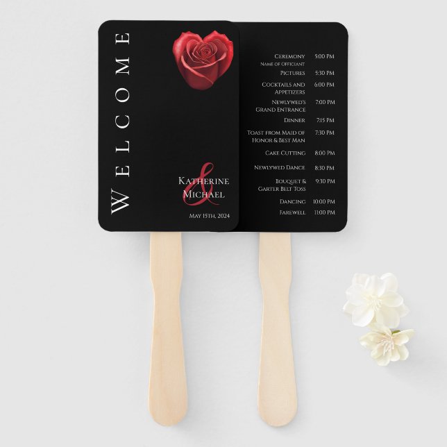Heart Shaped Red Rose-Wedding- Hand Fan (Front and Back)