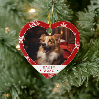 Heart-Shaped Red Snowflake Dog Photo Ornament