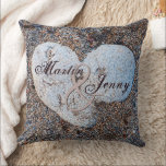 Heart Shaped Rock in Sand Personalise Name Date Cushion<br><div class="desc">A lovely, natural, romantic design featuring a found heart shaped stone, partially embedded in the fine granular sand of a beach, warm neutral colours, the name of a bride and groom in script on top of the heart shape, a large decorative light ampersand with a drop shadow joining the 2...</div>