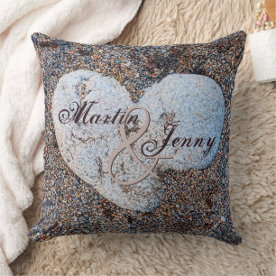 Heart Shaped Rock in Sand Personalise Name Date Cushion