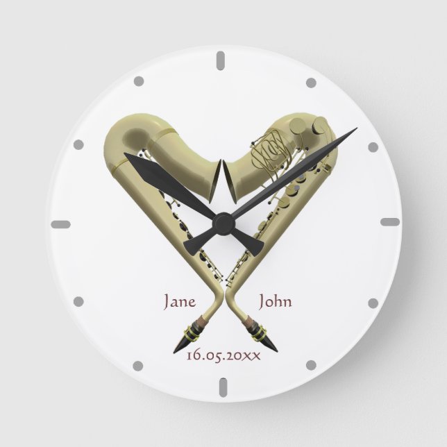Heart Shaped Saxophones Wall Clock For Couples (Front)