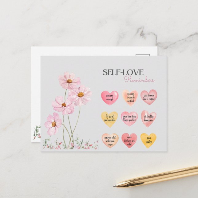 Heart Shaped Self-Love Affirmation Quotes Roses Holiday Postcard (Front/Back In Situ)
