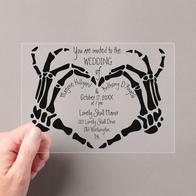 Heart Shaped Skeleton Hands Creepy Goth Wedding Acrylic Invitations (Insitu (Handheld))