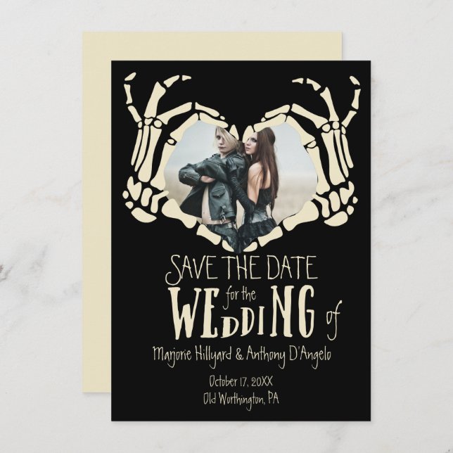 Heart Shaped Skeleton Hands Photo Save the Date Invitation (Front/Back)