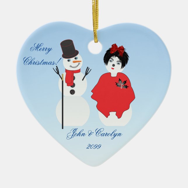 Heart Shaped Snowman Couple Christmas Ceramic Ornament (Front)