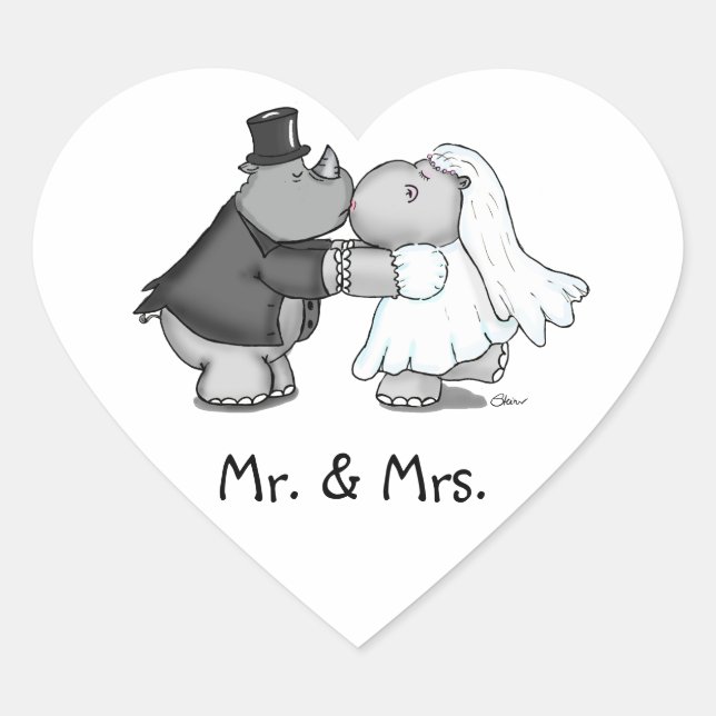 Heart shaped Sticker Hippo Bride and Rhino Groom (Front)